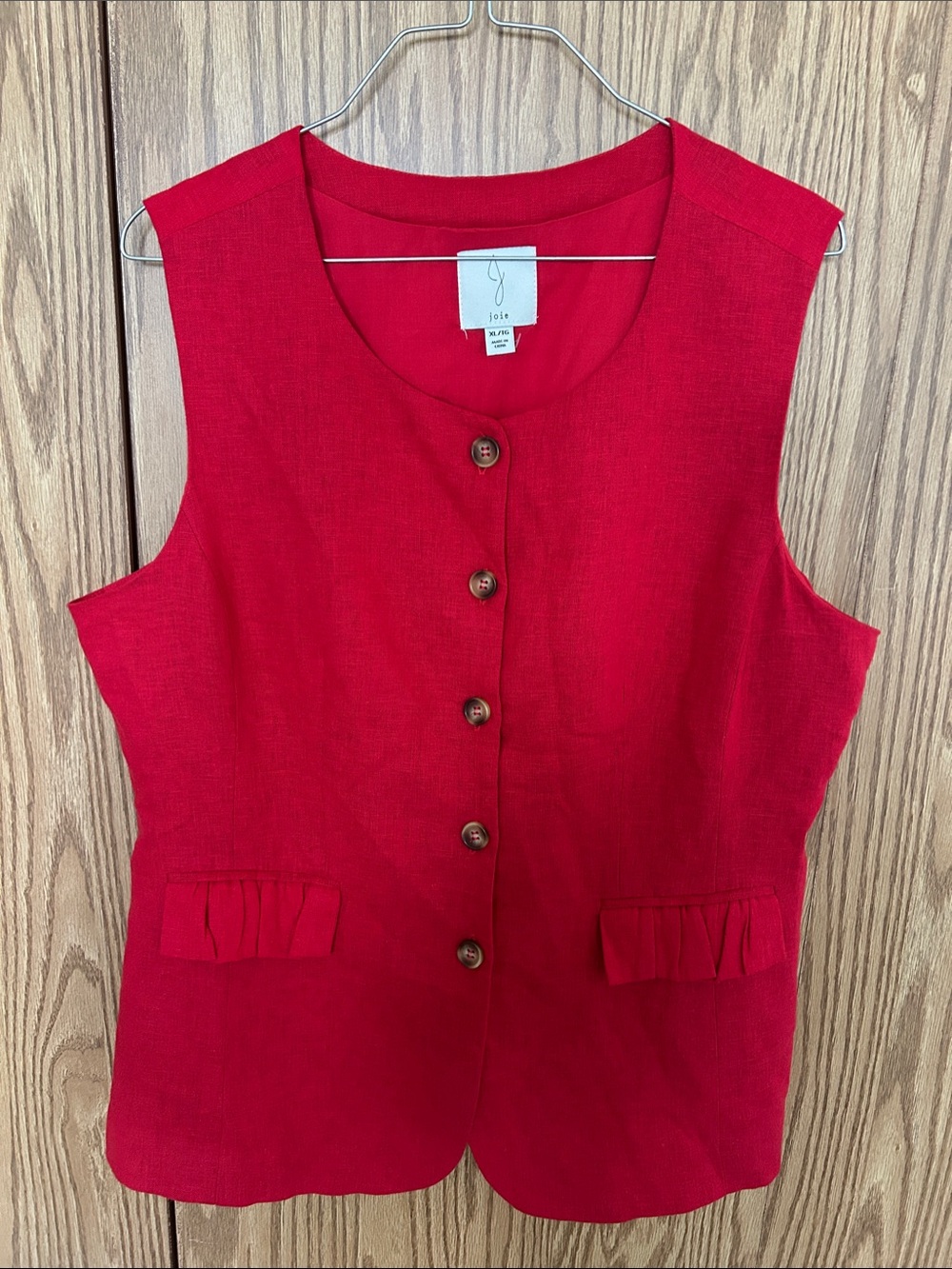 Joie Red Sleeveless Button-Front Linen Vest size xl